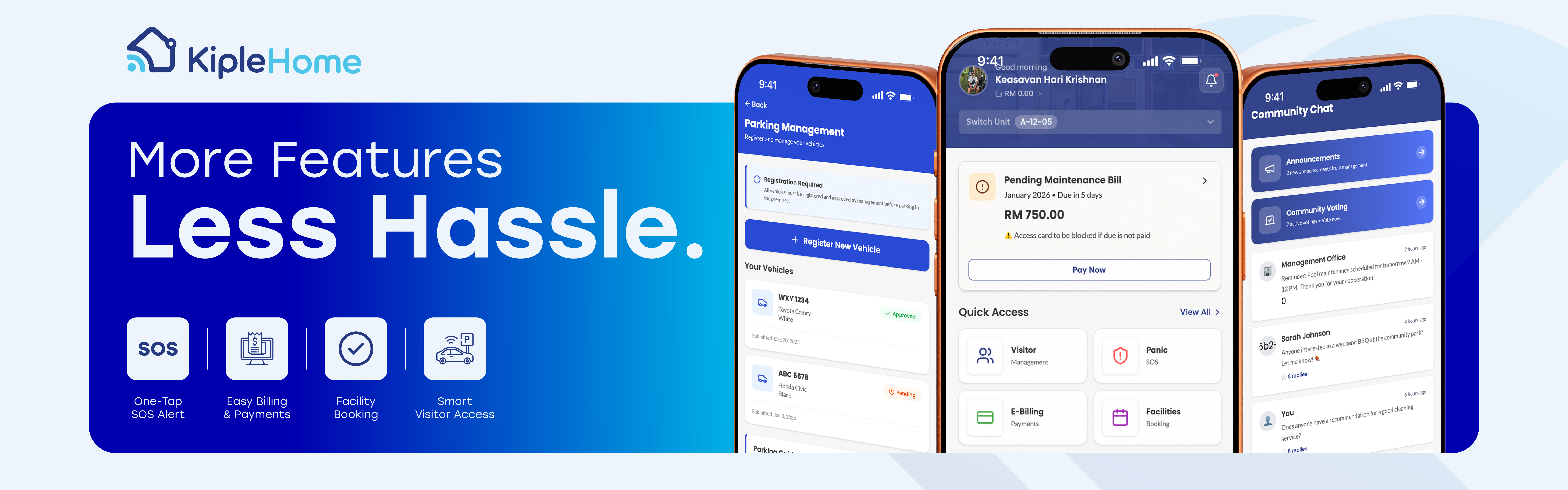 KipleHome — more features, less hassle: SOS alert, billing and payments, facility booking, visitor access.
