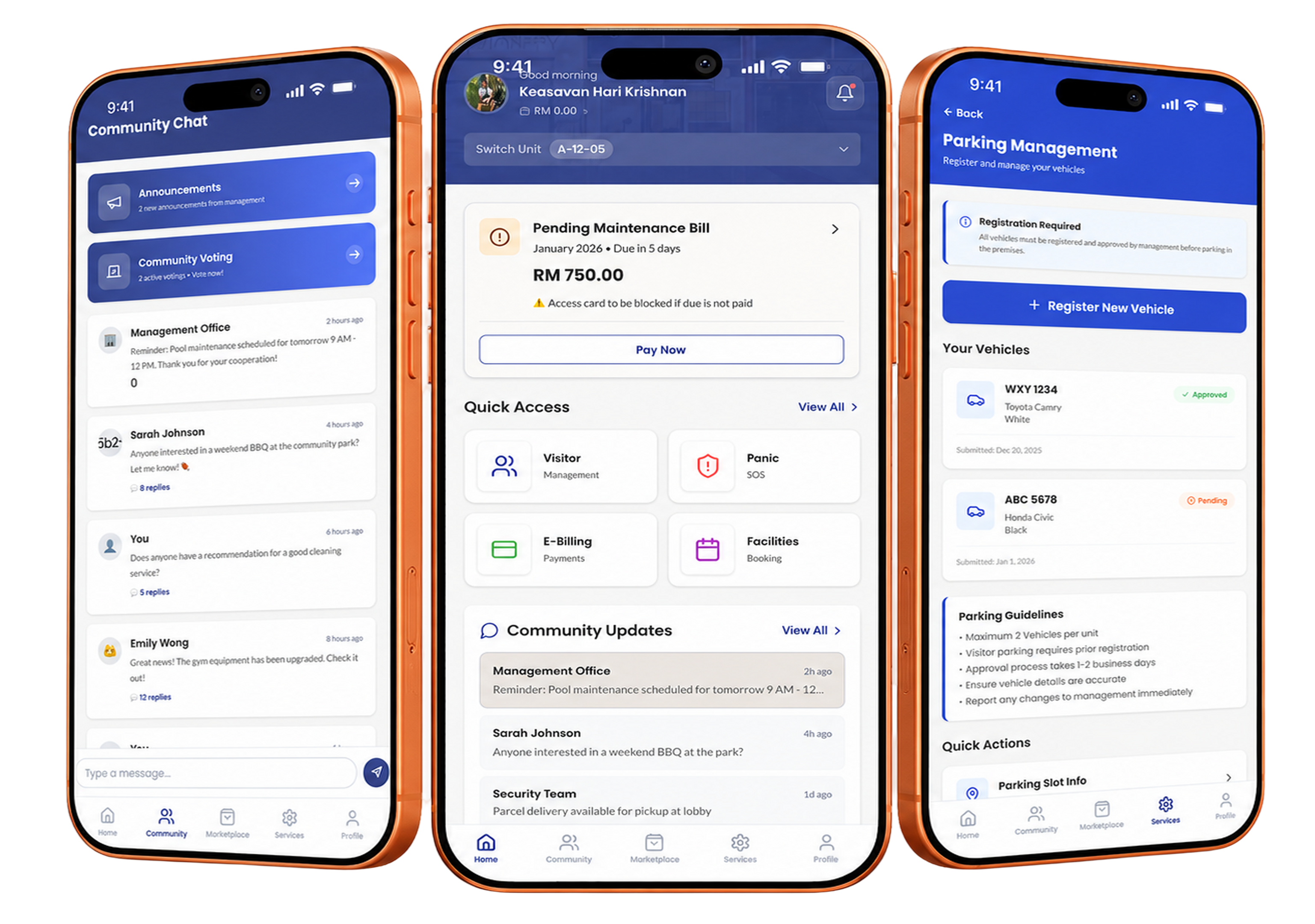 KipleHome app screens — community chat, home dashboard, and parking management